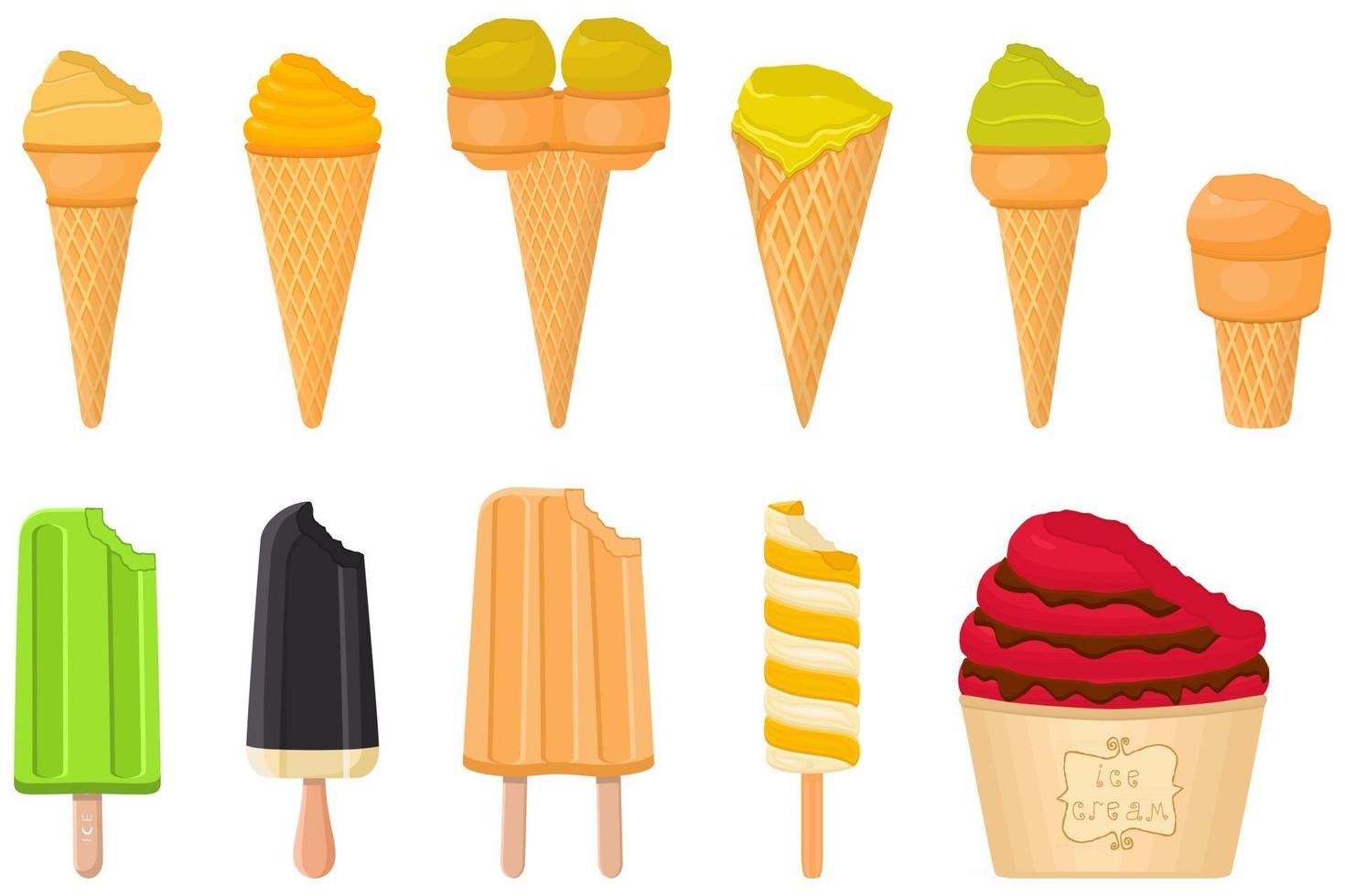 gran kit de paletas de helado de diferentes tipos en taza de gofres de cono vector