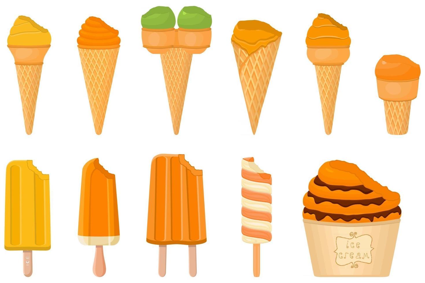 gran kit de paletas de helado de diferentes tipos en taza de gofres de cono vector