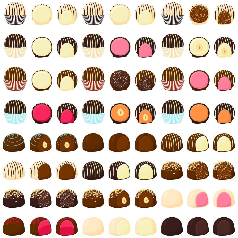 Illustration on theme beautiful big set sweet chocolate candy bonbon vector