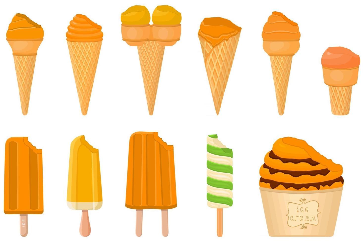 big kit ice cream popsicle different types in cone waffle cup vector