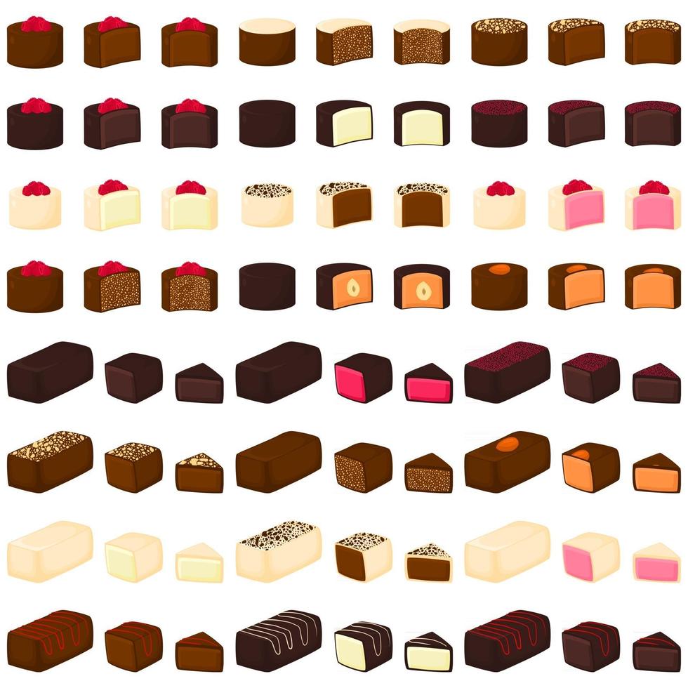 Illustration on theme beautiful big set sweet chocolate candy bonbon vector