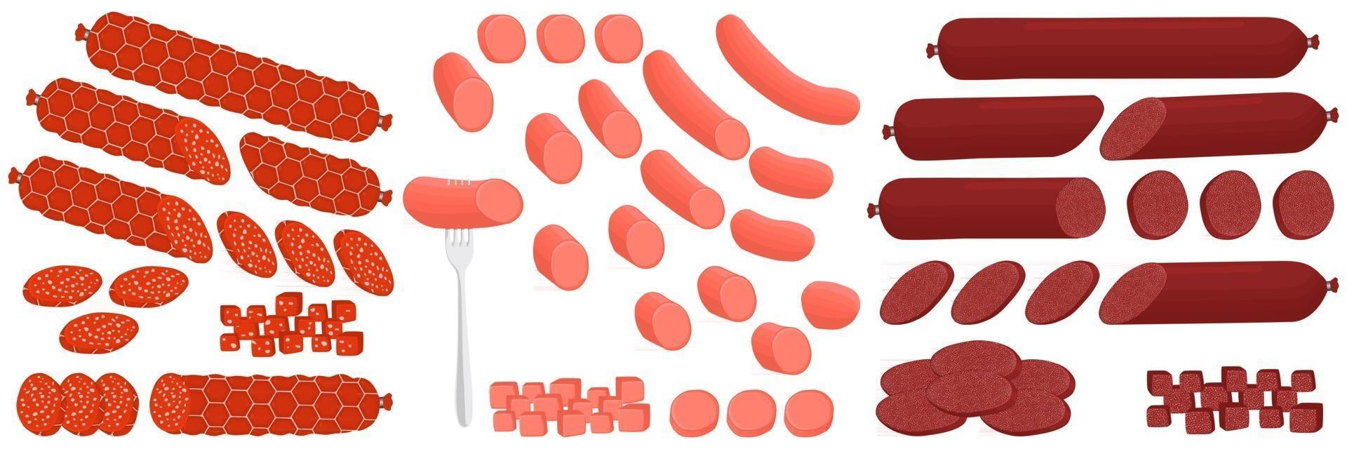 Illustration on theme big set different types delicatessen meat sausages vector
