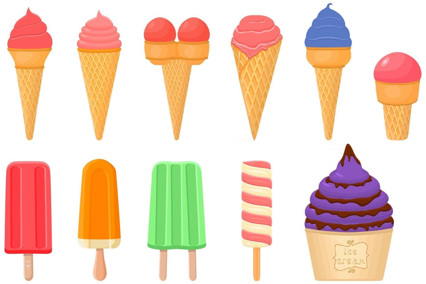big kit ice cream popsicle different types in cone waffle cup vector