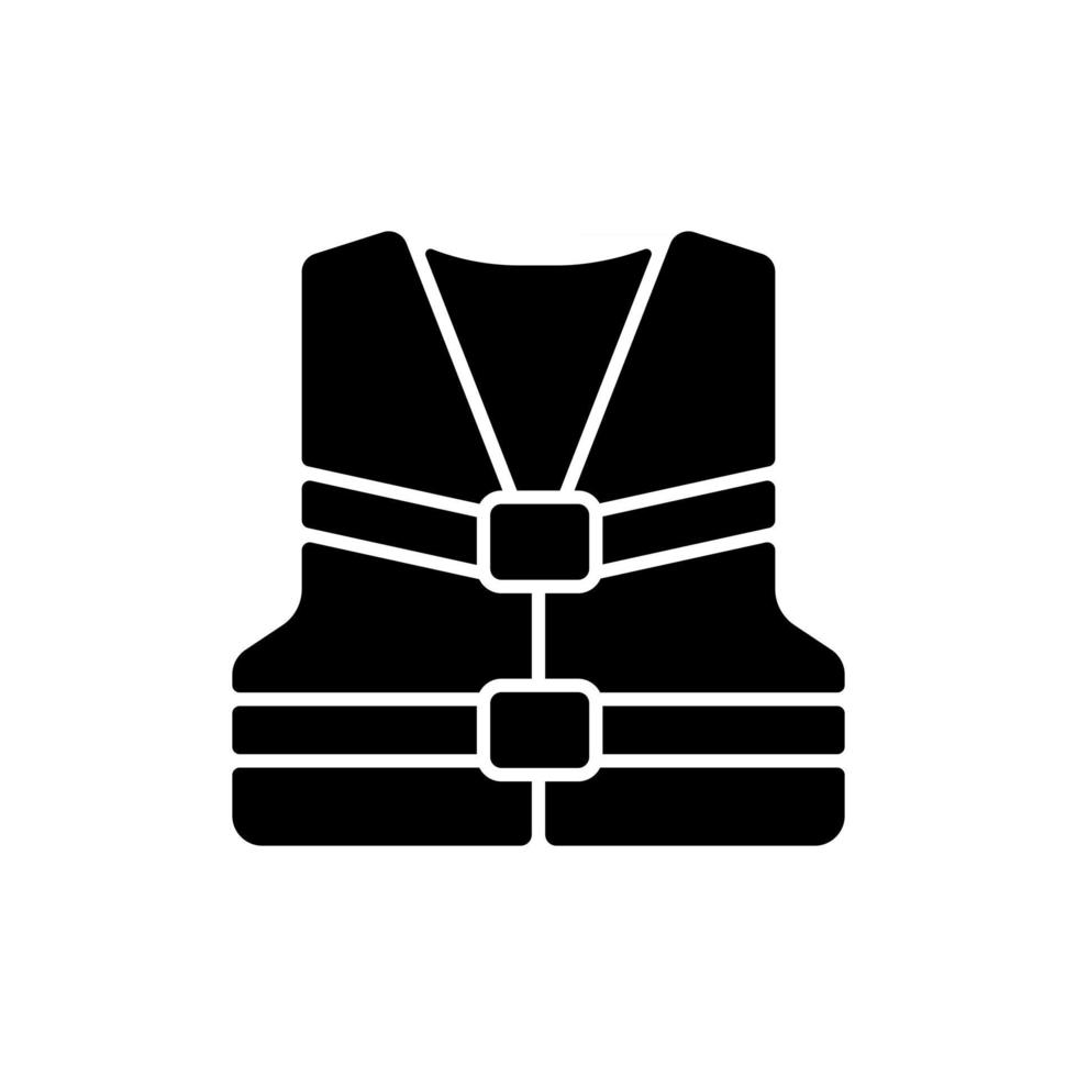 Life jacket black glyph icon. Personal flotation device. Inflatable swim vest for water sports. Keeping afloat in water. Silhouette symbol on white space. Vector isolated illustration