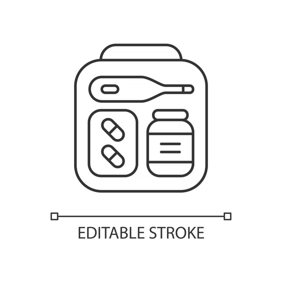 Mini first aid kit linear icon. Emergency bag with medication for trip. Essential for tourist. Thin line customizable illustration. Contour symbol. Vector isolated outline drawing. Editable stroke