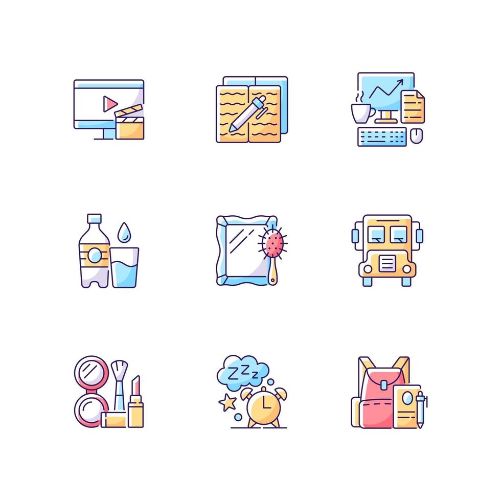 Everyday activities RGB color icons set. Watching TV for entertainment at home. Homework for school. Isolated vector illustrations. Daily routine simple filled line drawings collection