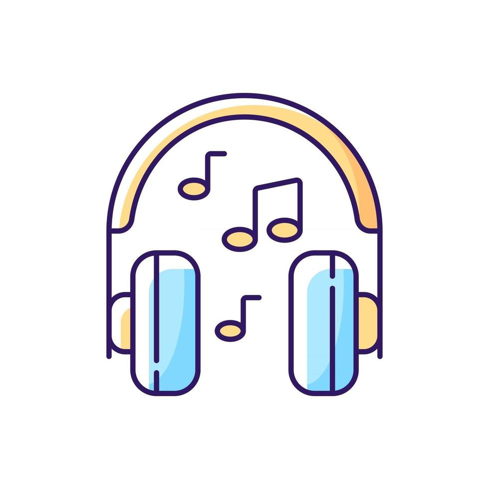 escuchando música icono de color rgb. auriculares con reproducción de canciones. escuchar audio en los auriculares. ilustración vectorial aislada. entretenimiento diario y actividades diarias dibujo lineal relleno simple vector