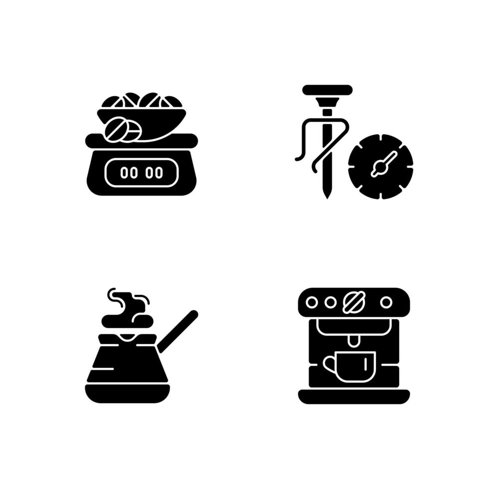 Appliance for coffee preparation black glyph icons set on white space. Weighing scales for beans. Thermometer for temperature. Espresso making. Silhouette symbols. Vector isolated illustration