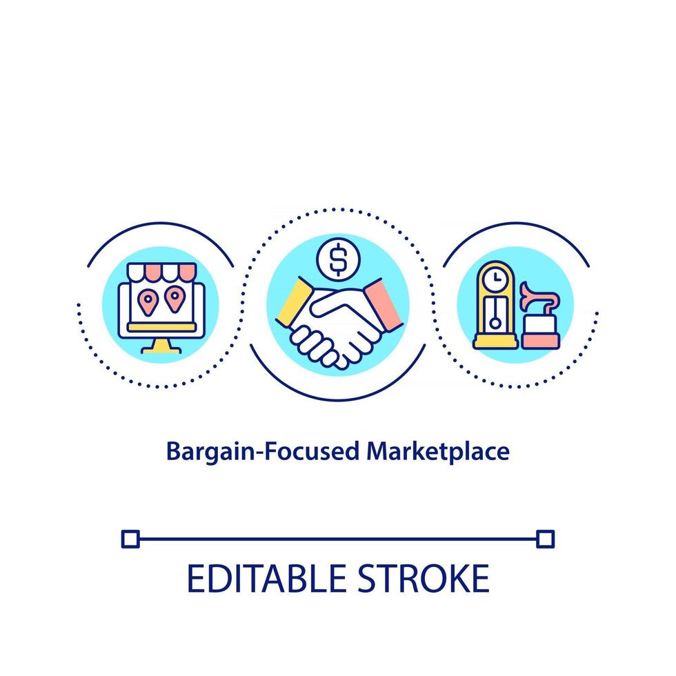 Bargain focused marketplace concept icon. Making deals online. Selling items in remote shops. Market abstract idea thin line illustration. Vector isolated outline color drawing. Editable stroke