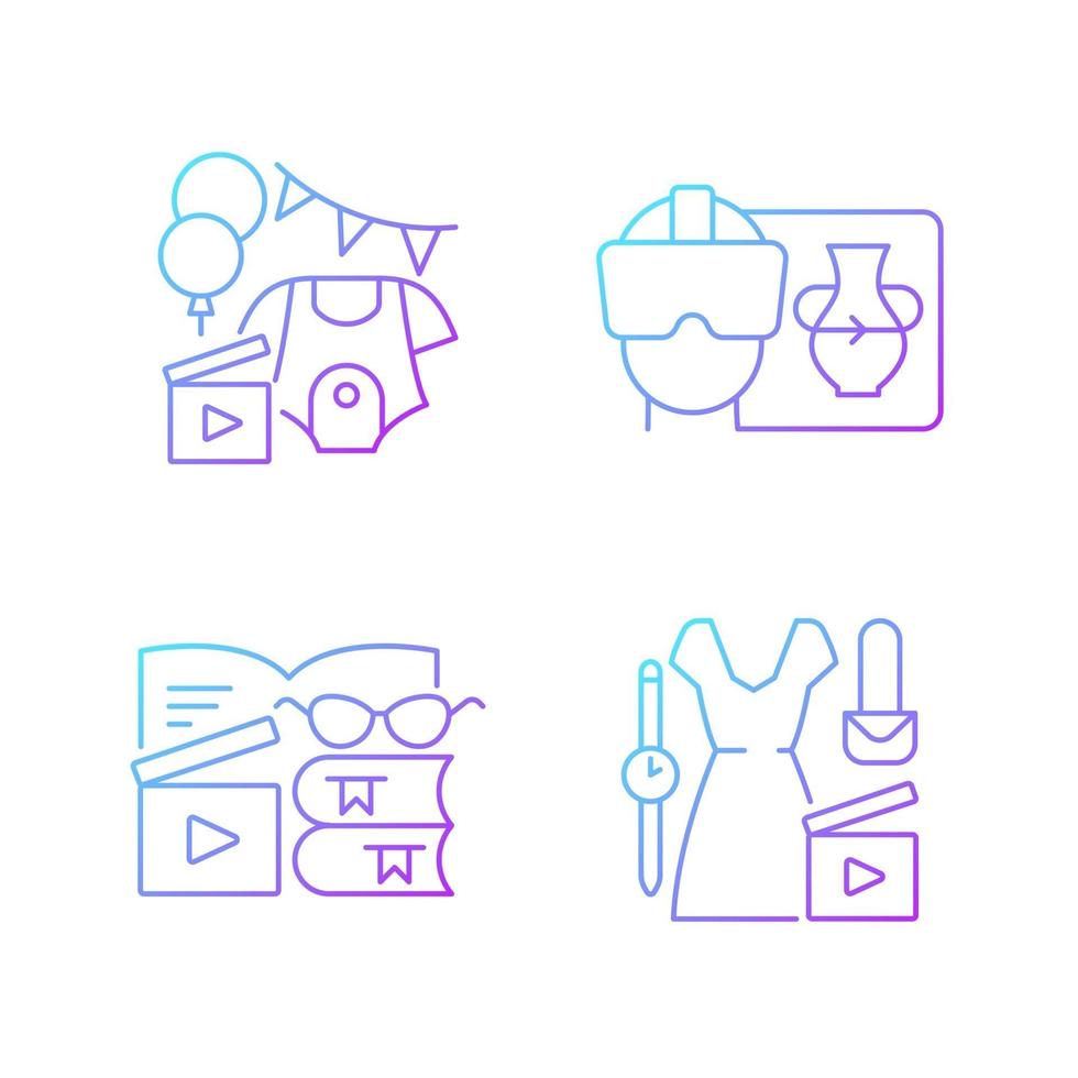 Types of video gradient linear vector icons set. Baby shower party. VR headset. Book review. Fashion blog. Thin line contour symbols bundle. Isolated vector outline illustrations collection
