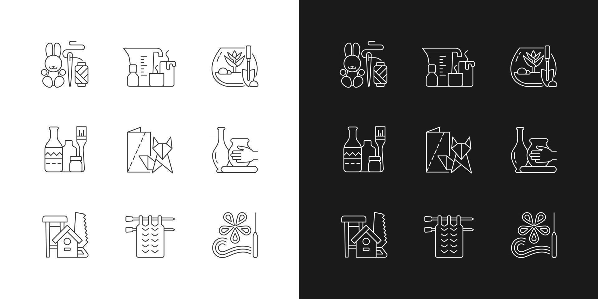 Trendy arts linear icons set for dark and light mode. Handmade toys. Candle making. DIY tropical terrarium. Customizable thin line symbols. Isolated vector outline illustrations. Editable stroke