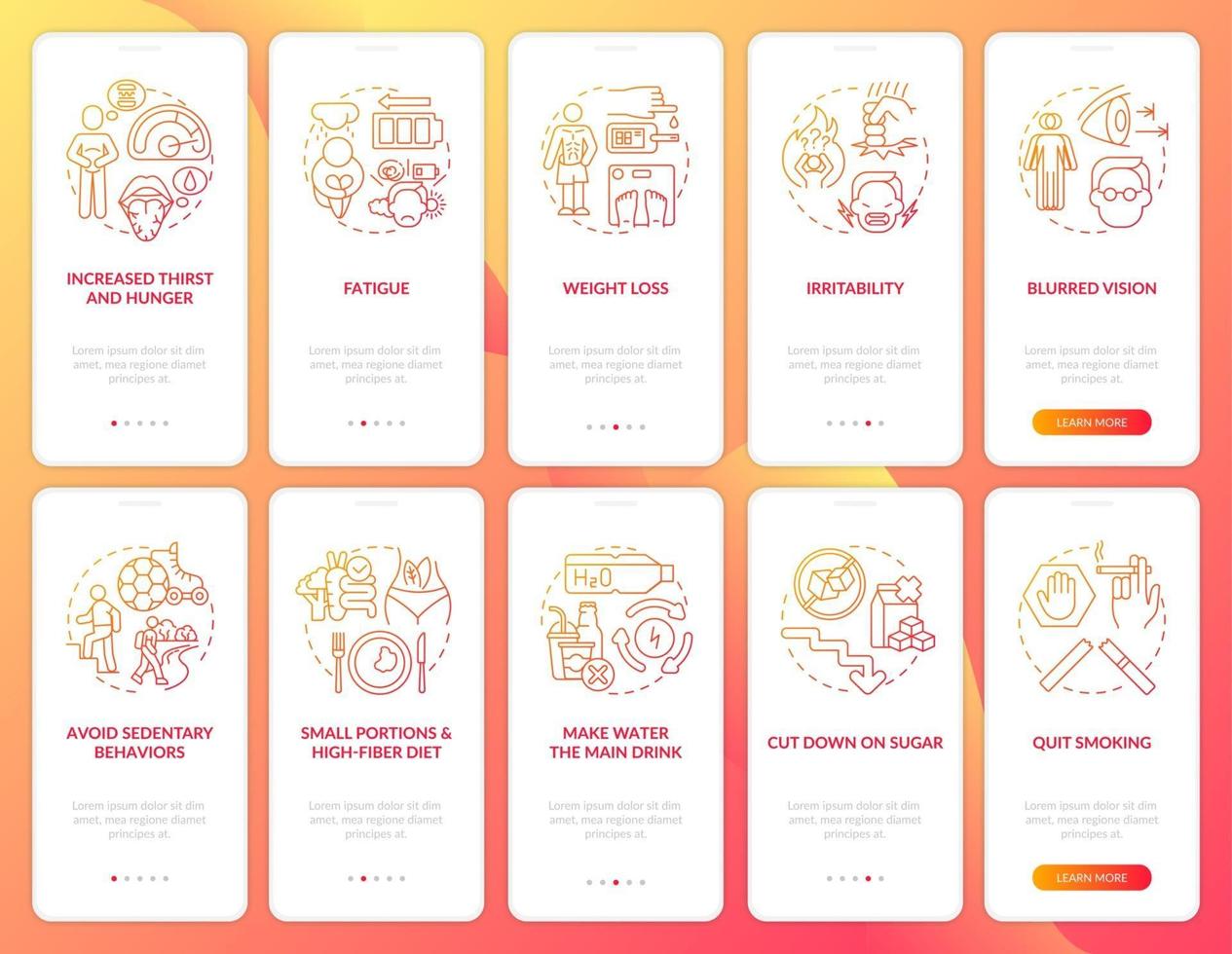 Diabetes onboarding mobile app page screen set. Medical treatment walkthrough 5 steps graphic instructions with concepts. UI, UX, GUI vector template with linear color illustrations