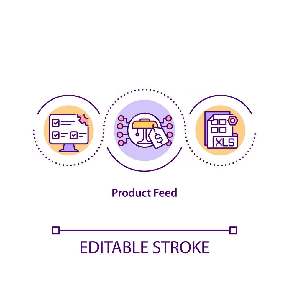 Product feed concept icon. Information about products on marketplace. Data in online shop abstract idea thin line illustration. Vector isolated outline color drawing. Editable stroke