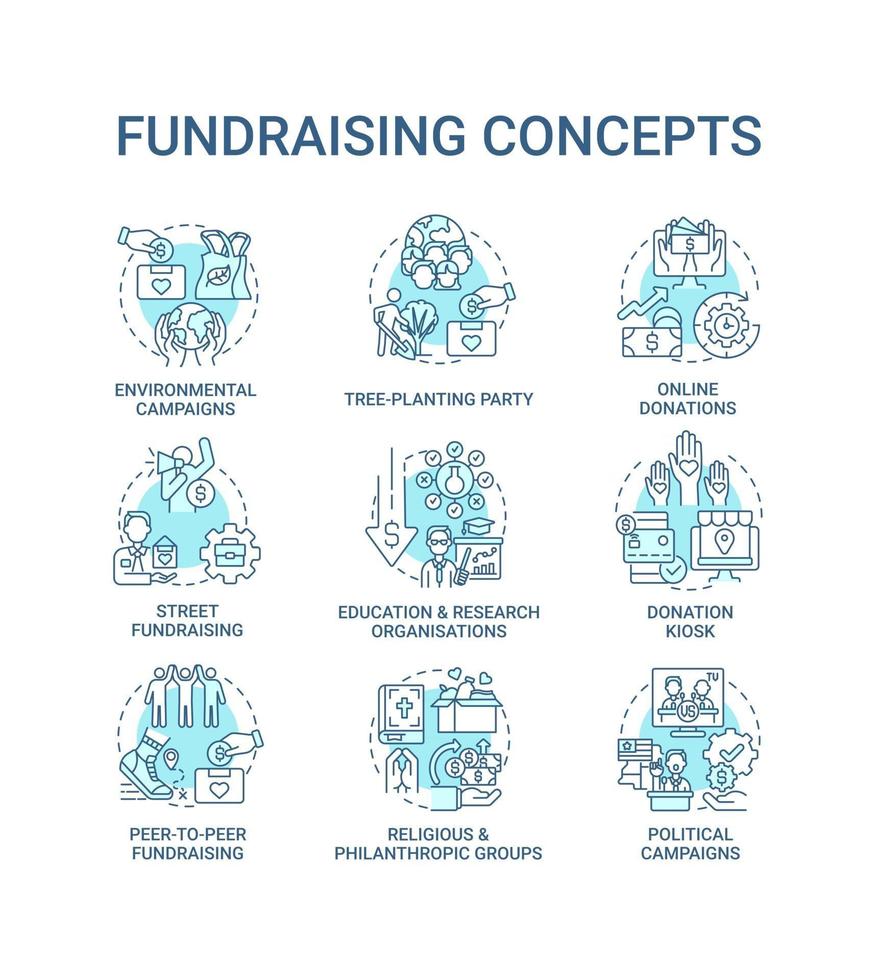 Fundraising concept icons set. Gathering financial support idea thin line color illustrations. Religious, philanthropic groups. Online donations. Vector isolated outline drawings. Editable stroke