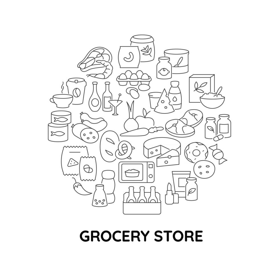Convenience store food abstract linear concept layout with headline. Grocery shop minimalistic idea. Fresh products thin line graphic drawings. Isolated vector contour icons for background