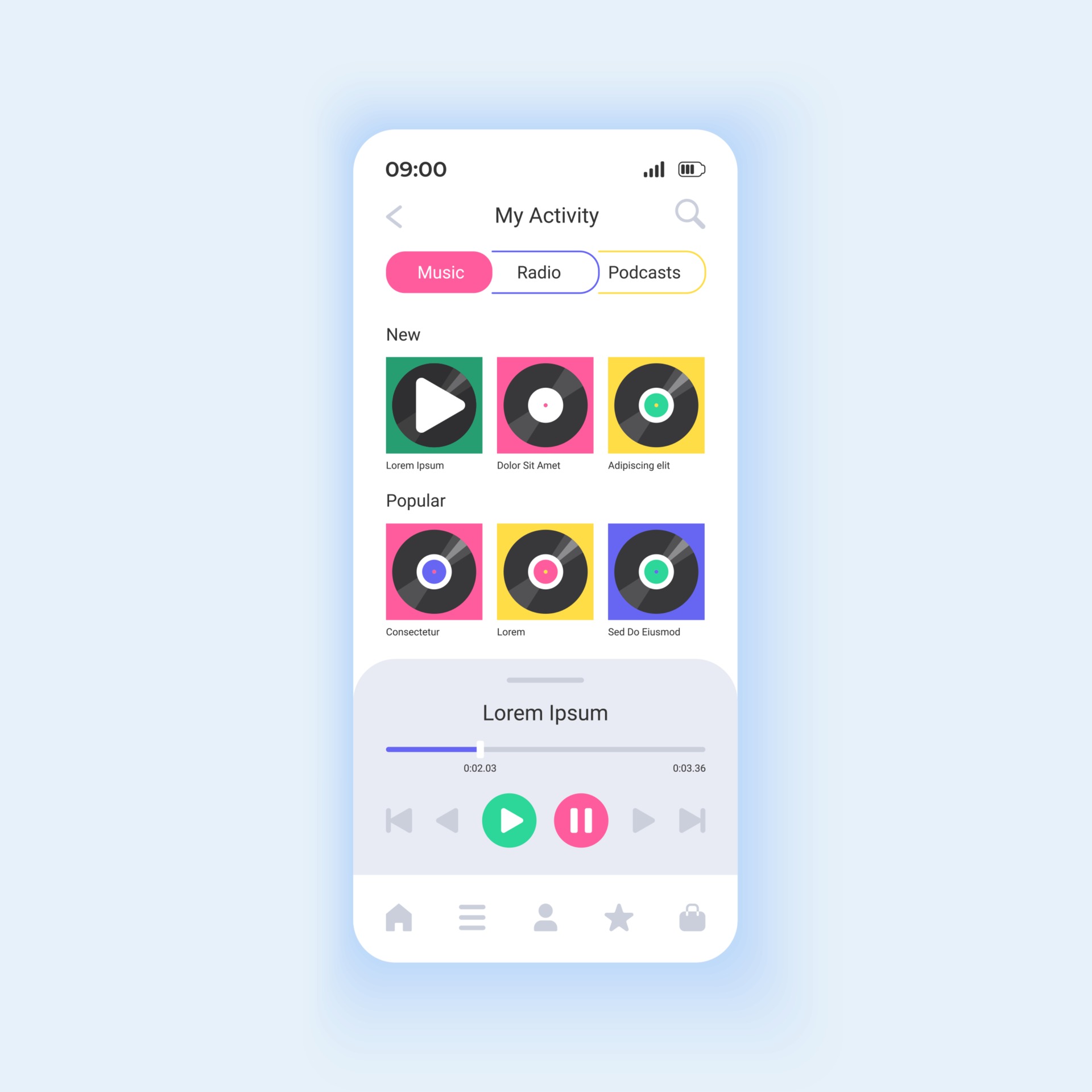 Playing music albums and playlists smartphone interface vector template