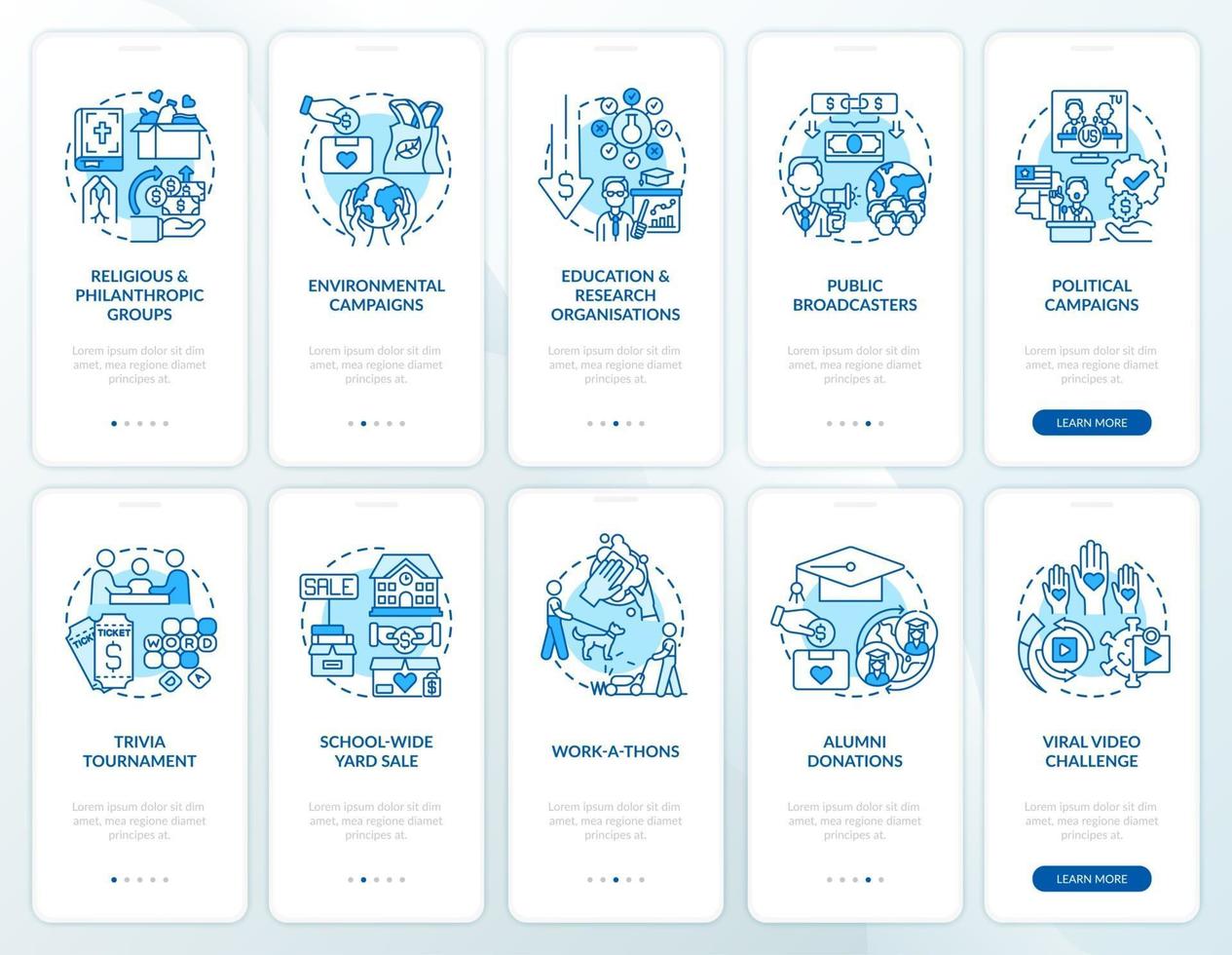 Charitable investments onboarding mobile app page screens set. Philanthropic event walkthrough 5 steps graphic instructions with concepts. UI, UX, GUI vector template with linear color illustrations