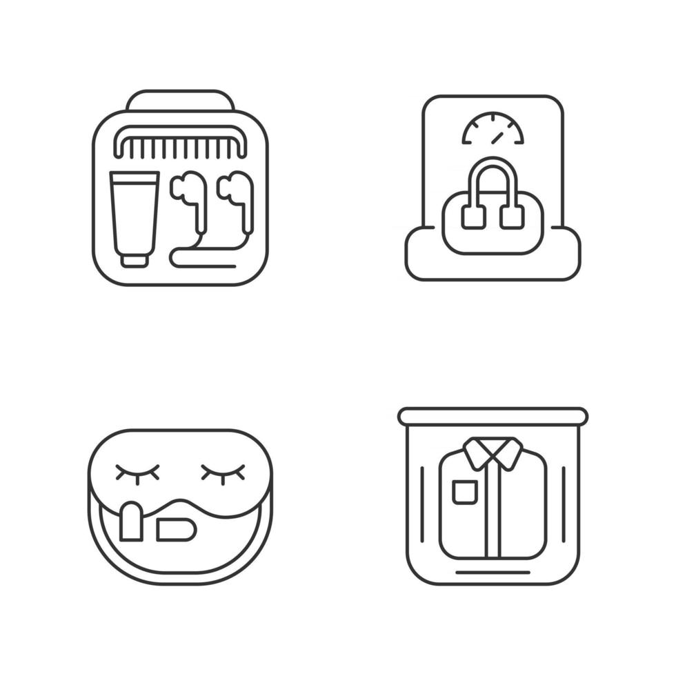 Essential things for travelling linear icons set. Portable handbang. Clothing packing. Mini size objects. Customizable thin line contour symbols. Isolated vector outline illustrations. Editable stroke