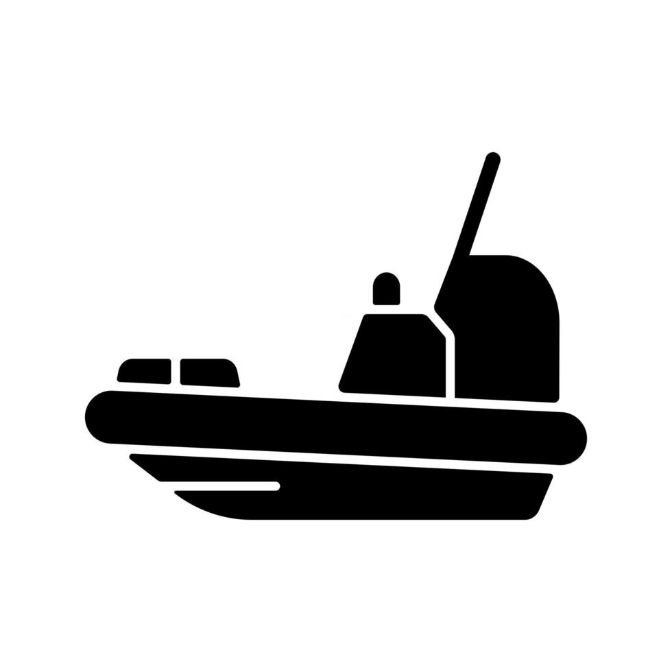 Rescue boat black glyph icon. Lifeboat for victims rescuing. Survival craft. Saving lives at sea, ocean. Lifesaving works. Silhouette symbol on white space. Vector isolated illustration