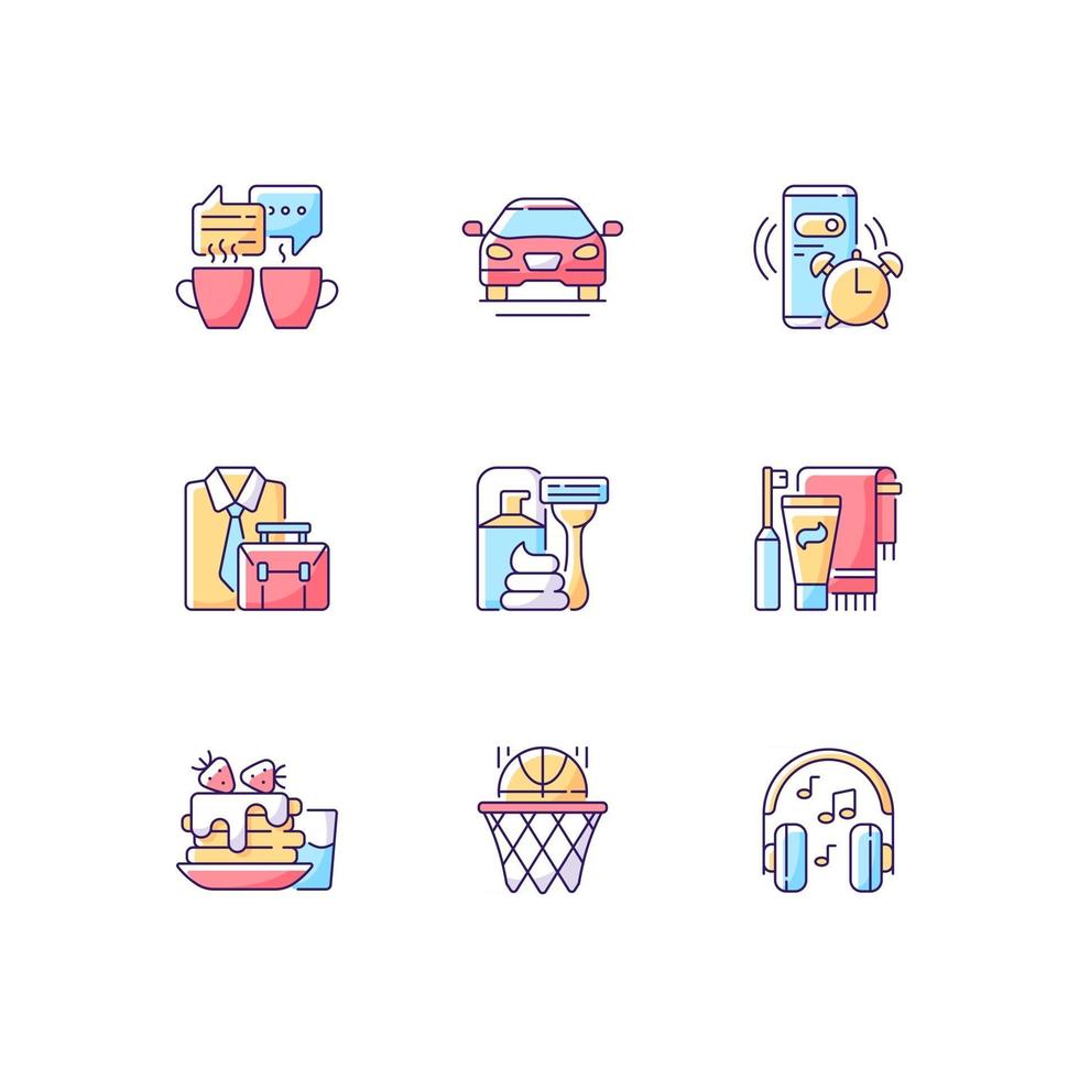 Daily routine RGB color icons set. Alarm clock for work. Office worker activities. Isolated vector illustrations. Everyday morning and evening schedule simple filled line drawings collection