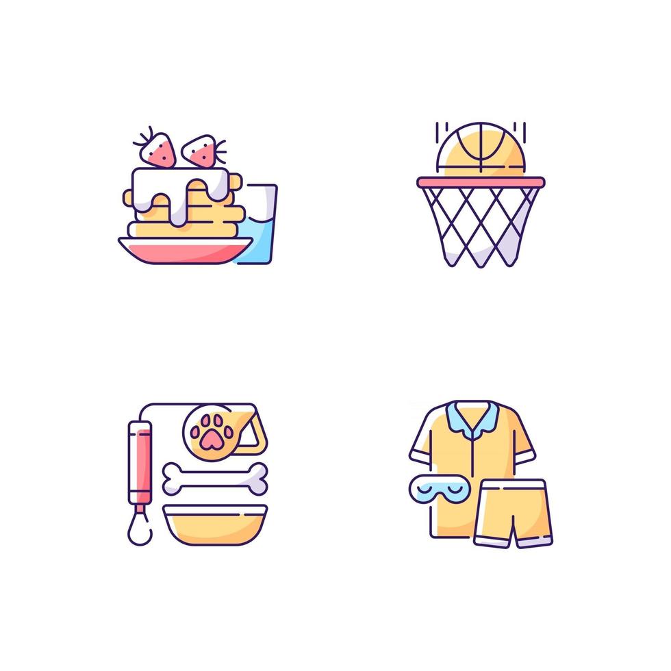 Conjunto de iconos de color rgb de rutina diaria para estudiantes. panqueques de desayuno. club de baloncesto. cuidado de mascotas. mochila para la escuela. ilustraciones vectoriales aisladas. rutina diaria simple colección de dibujos de líneas llenas vector