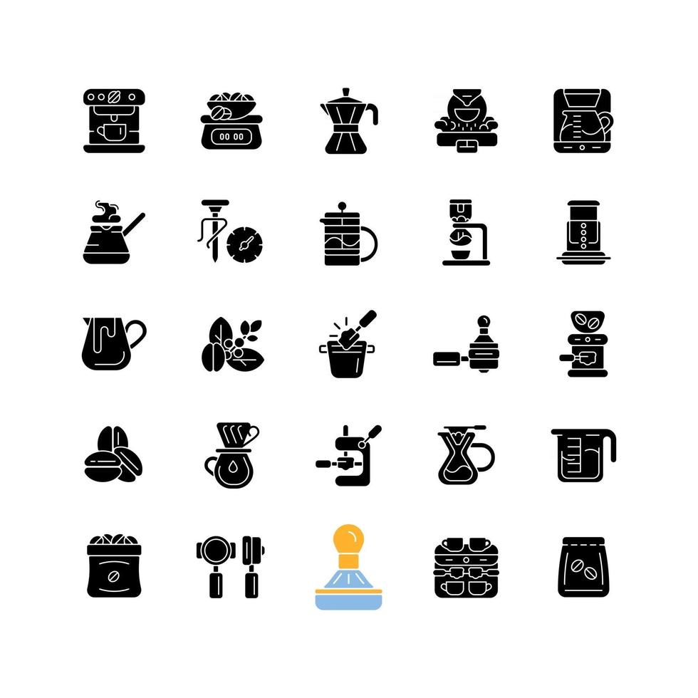 Coffee and barista accessories black glyph icons set on white space. Drip machine. French press. Espresso preparation. Cafe appliance. Silhouette symbols. Vector isolated illustration