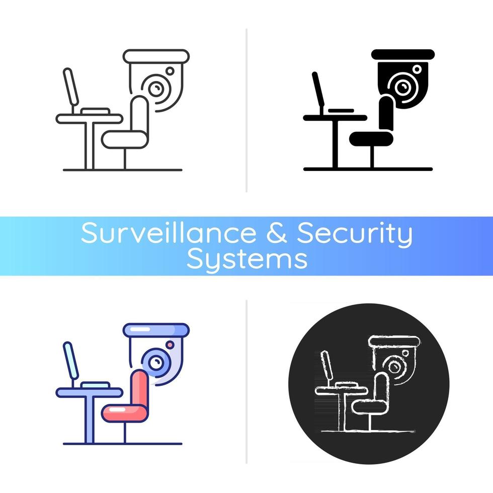 Workers productivity improvement with surveillance camera icon. Recording employee conversations. Digital activities monitoring. Linear black and RGB color styles. Isolated vector illustrations