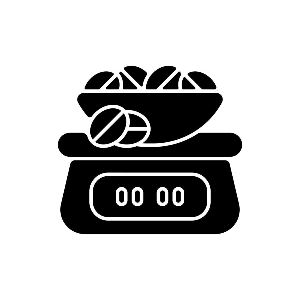 Coffee scale black glyph icon. Appliance for measuring beans weight. Weighing roasted seeds for espresso preparation. Silhouette symbol on white space. Vector isolated illustration