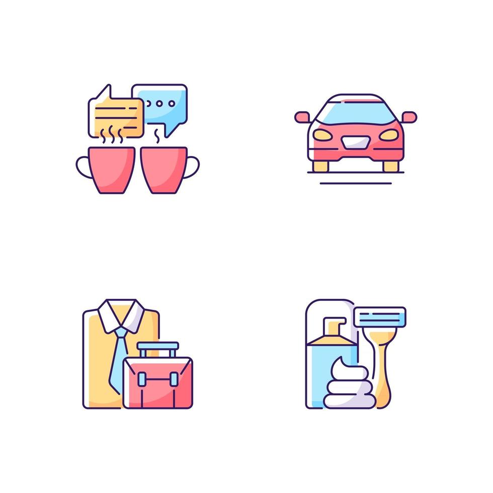 Daily activities RGB color icons set. Meeting over coffee with friends. Sedan car. Official clothes. Isolated vector illustrations. Everyday routine simple filled line drawings collection