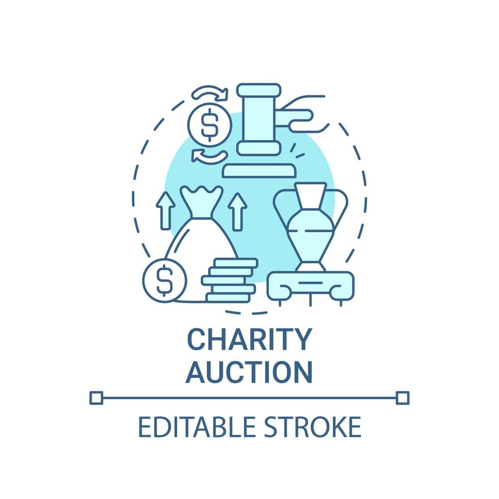 Charity auction concept icon. Fundraising event abstract idea thin line illustration. Selling rare experiential items. Bid on unique things. Vector isolated outline color drawing. Editable stroke