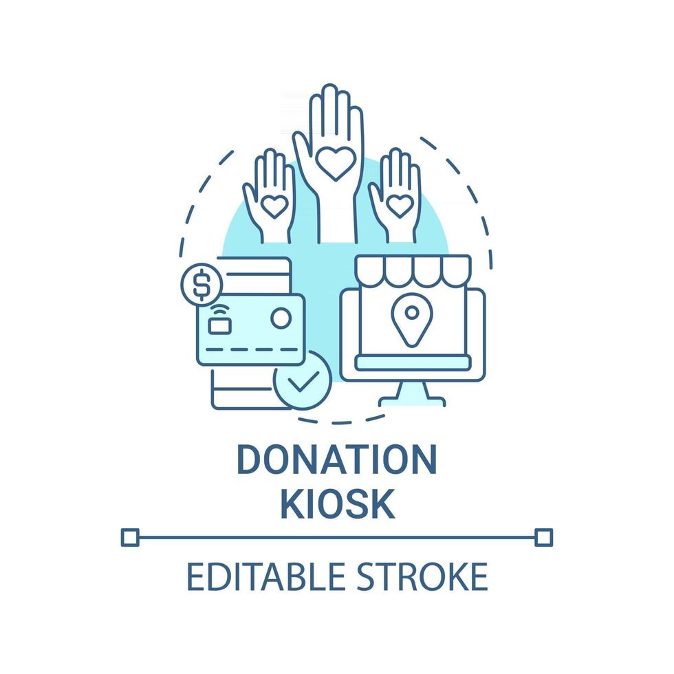 Donation kiosk concept icon. Fundraising event abstract idea thin line illustration. Credit cards use. Support churches, nonprofit organizations. Vector isolated outline color drawing. Editable stroke