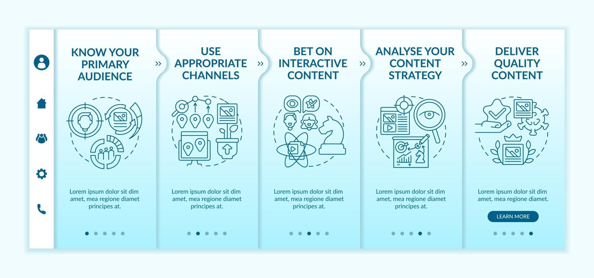 Popular content techniques onboarding vector template. Responsive mobile website with icons. Web page walkthrough 5 step screens. Deliver quality content color concept with linear illustrations