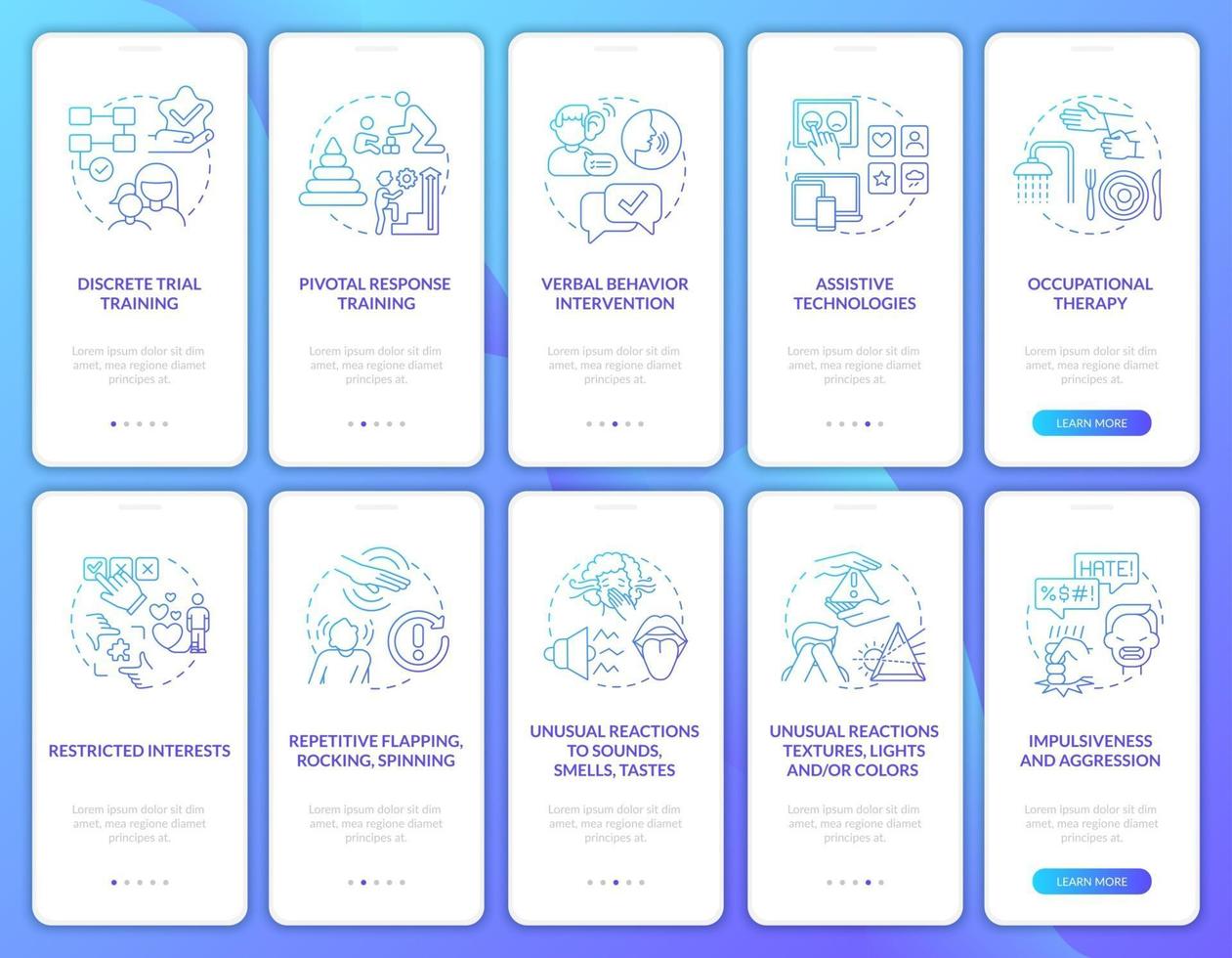 Autistic treatment approaches onboarding mobile app page screens set. ASD symptoms walkthrough 5 steps graphic instructions with concepts. UI, UX, GUI vector template with linear color illustrations