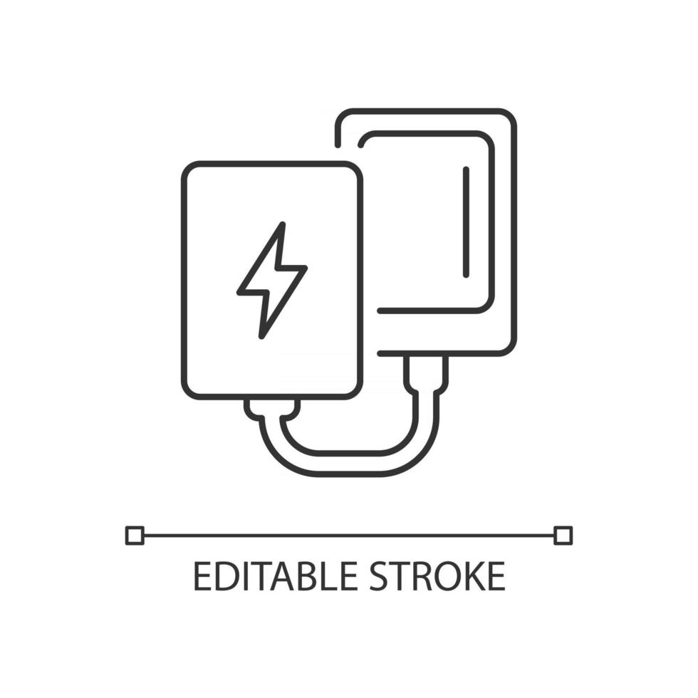 icono lineal de banco de energía. cargador compacto para teléfono móvil. Amenidades esenciales portátiles. Ilustración personalizable de línea fina. símbolo de contorno. dibujo de contorno aislado vectorial. trazo editable vector