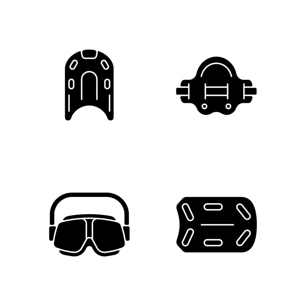 Swimming pool supplies black glyph icons set on white space. Kickboard. Aqua jogger. Swimming goggles. Buoyant rectangular board. Aquatic fitness. Silhouette symbols. Vector isolated illustration