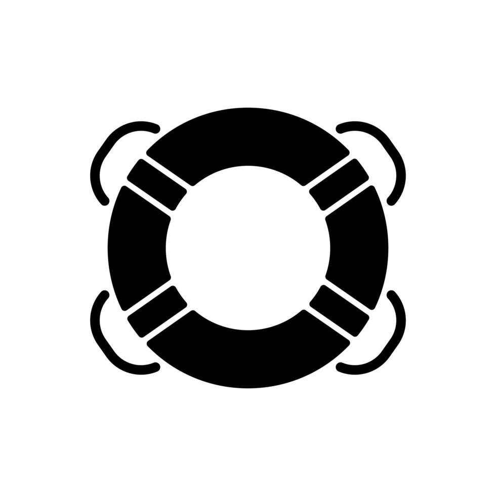 Ring buoy black glyph icon. Life preserver. Round floatation device. Assisting beginner swimmer. Swim ring. Lifesaving equipment. Silhouette symbol on white space. Vector isolated illustration