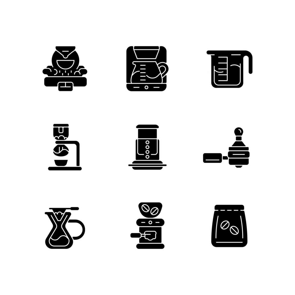 Coffee shop appliance black glyph icons set on white space. Professional roaster for processing beans. Espresso machine for cafe. Espresso making. Silhouette symbols. Vector isolated illustration
