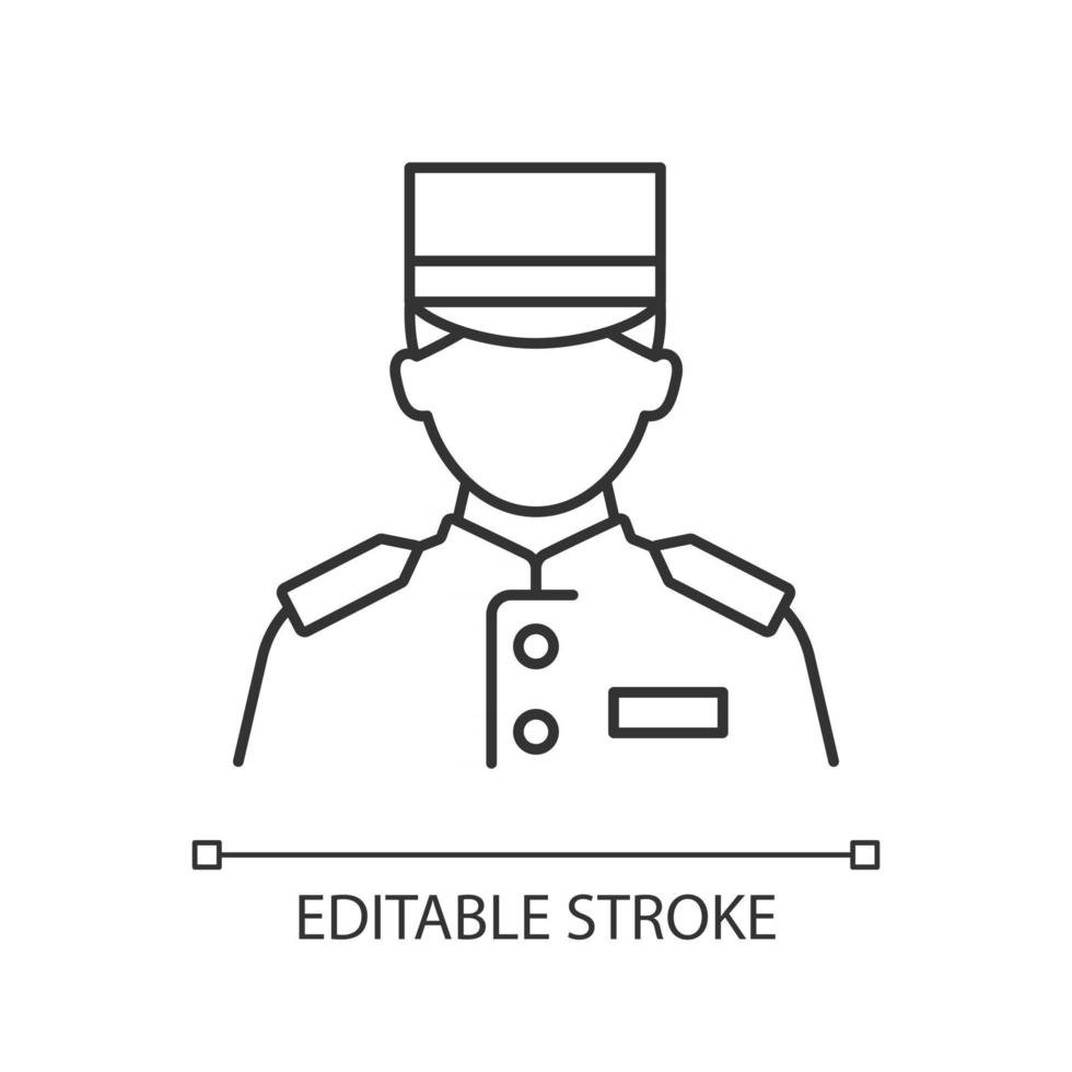 Cruise ship bellboy linear icon. Providing service for passengers. Providing information. Thin line customizable illustration. Contour symbol. Vector isolated outline drawing. Editable stroke