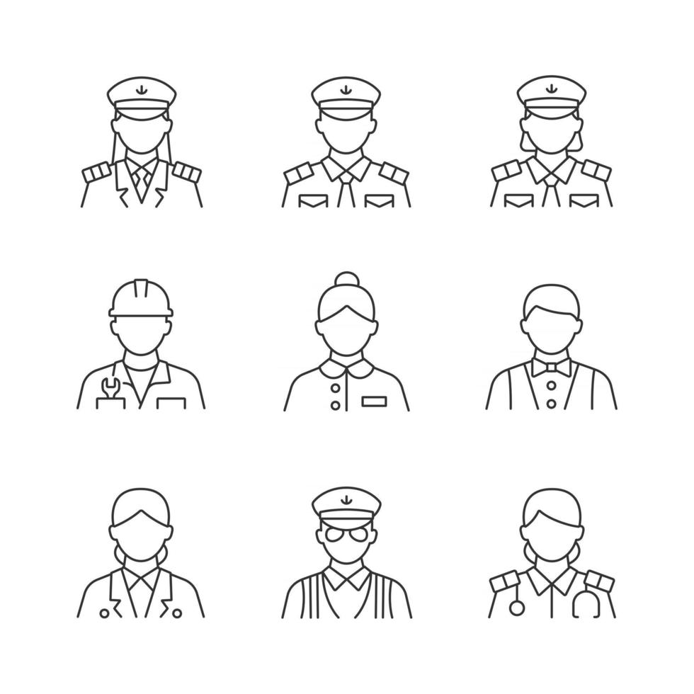 Ship staff linear icons set. Comfortable cruise for passengers. Controlling ocean trip. Customizable thin line contour symbols. Isolated vector outline illustrations. Editable stroke