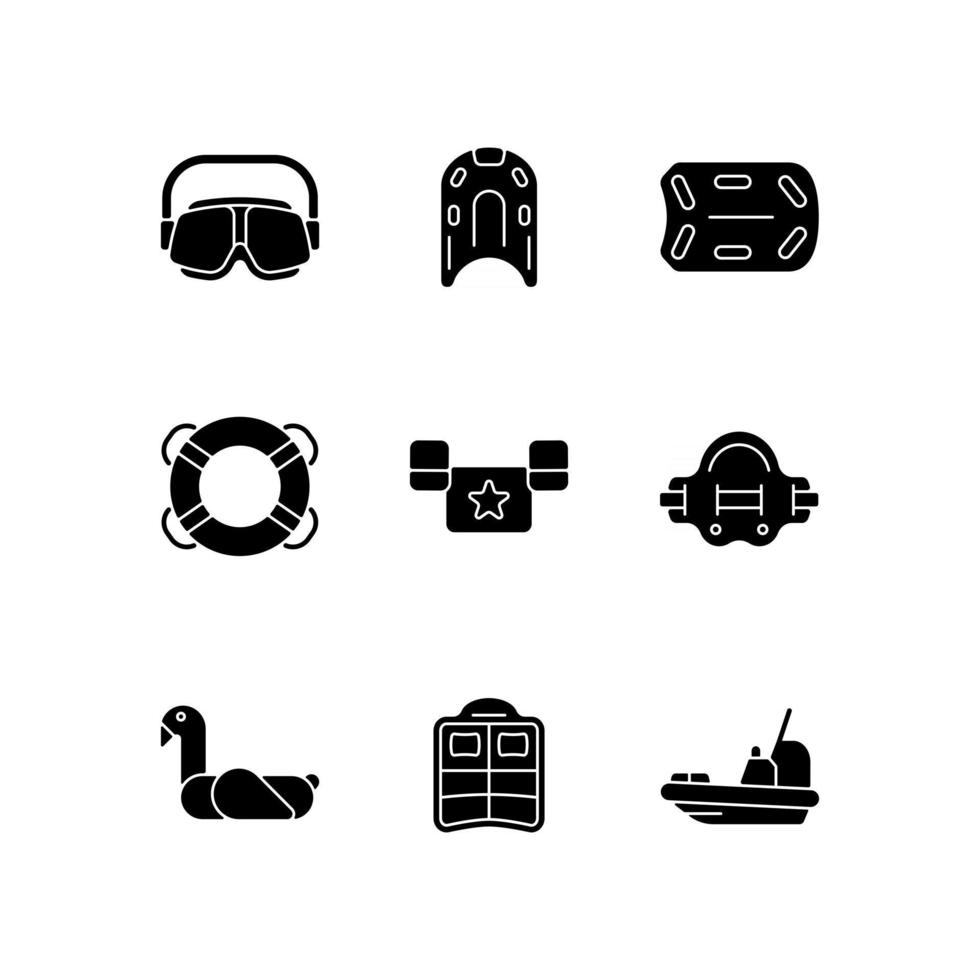 Swimming lessons black glyph icons set on white space. Flotation aid. Ring buoy. Puddle jumper. Aquatic fitness. Eyes protection in swimming pool. Silhouette symbols. Vector isolated illustration