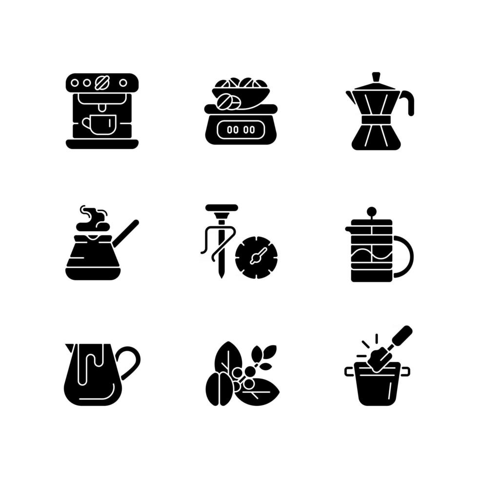 Coffee shop black glyph icons set on white space. Moka pot. Turkish cezve for brewing drink. Milk pitcher for baristas. Espresso making. Silhouette symbols. Vector isolated illustration