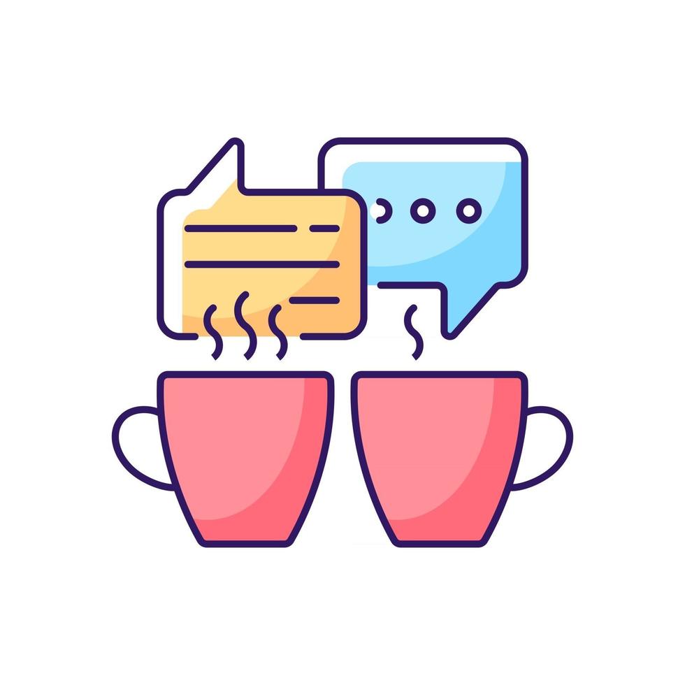 Socializing RGB color icon. Friends meeting over coffee. Talking over hot cafe drinks. Speech bubbles with two cups. Isolated vector illustration. Everyday routine simple filled line drawing