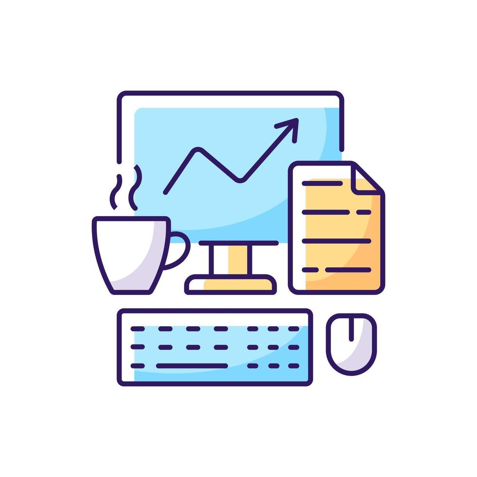 Computer office RGB color icon. Freelancer workplace. Worker desk. Daily workflow. Marketing report on screen. Remote work. Isolated vector illustration. Everyday routine simple filled line drawing