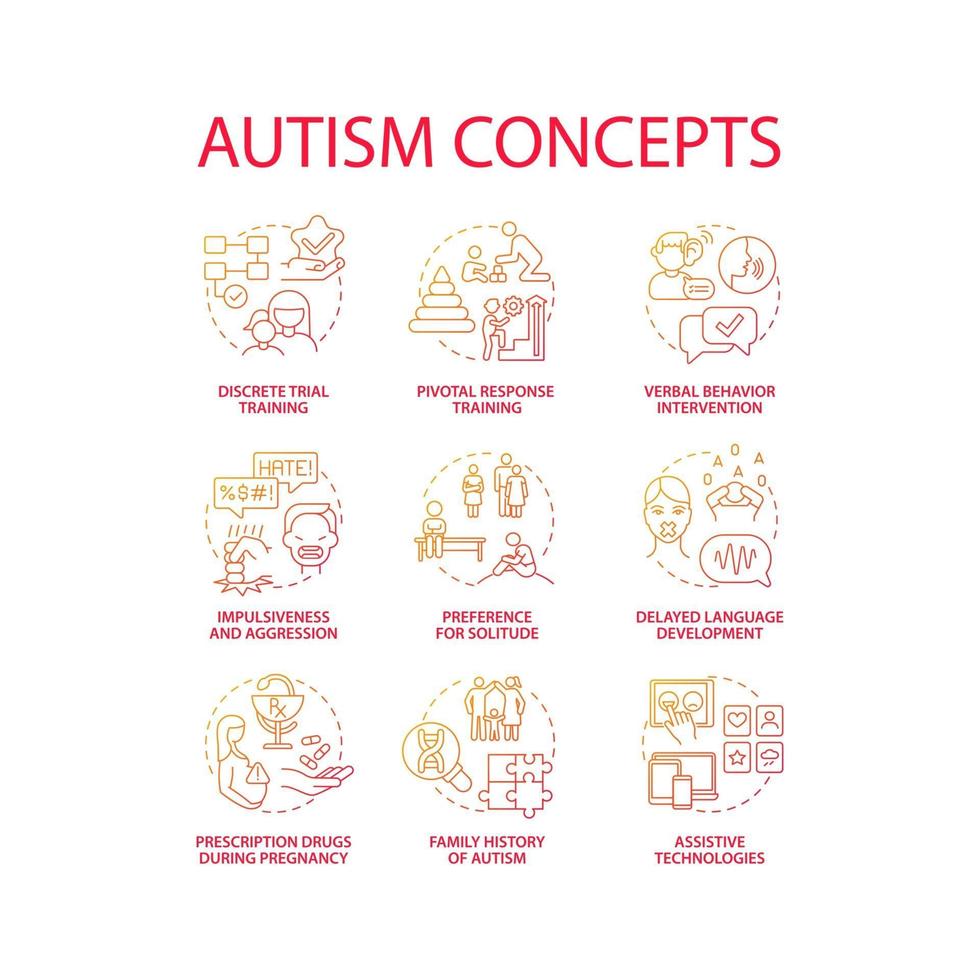 Autism spectrum disorder concept icons set. Developmental disabilities idea thin line color illustrations. Preference to solitude. Delayed language development. Vector isolated outline drawings