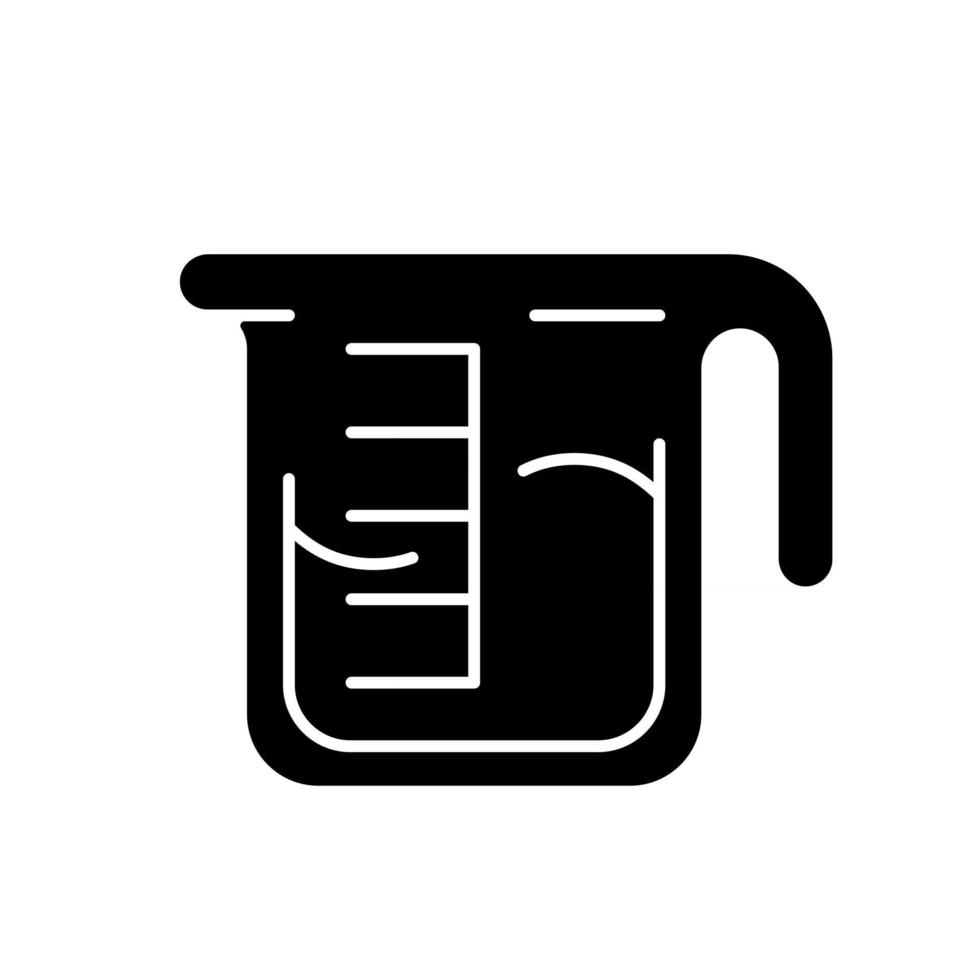 Coffee measuring cup black glyph icon. Beaker with drink. Kitchen utensil for espresso preparation. Professional appliance. Silhouette symbol on white space. Vector isolated illustration