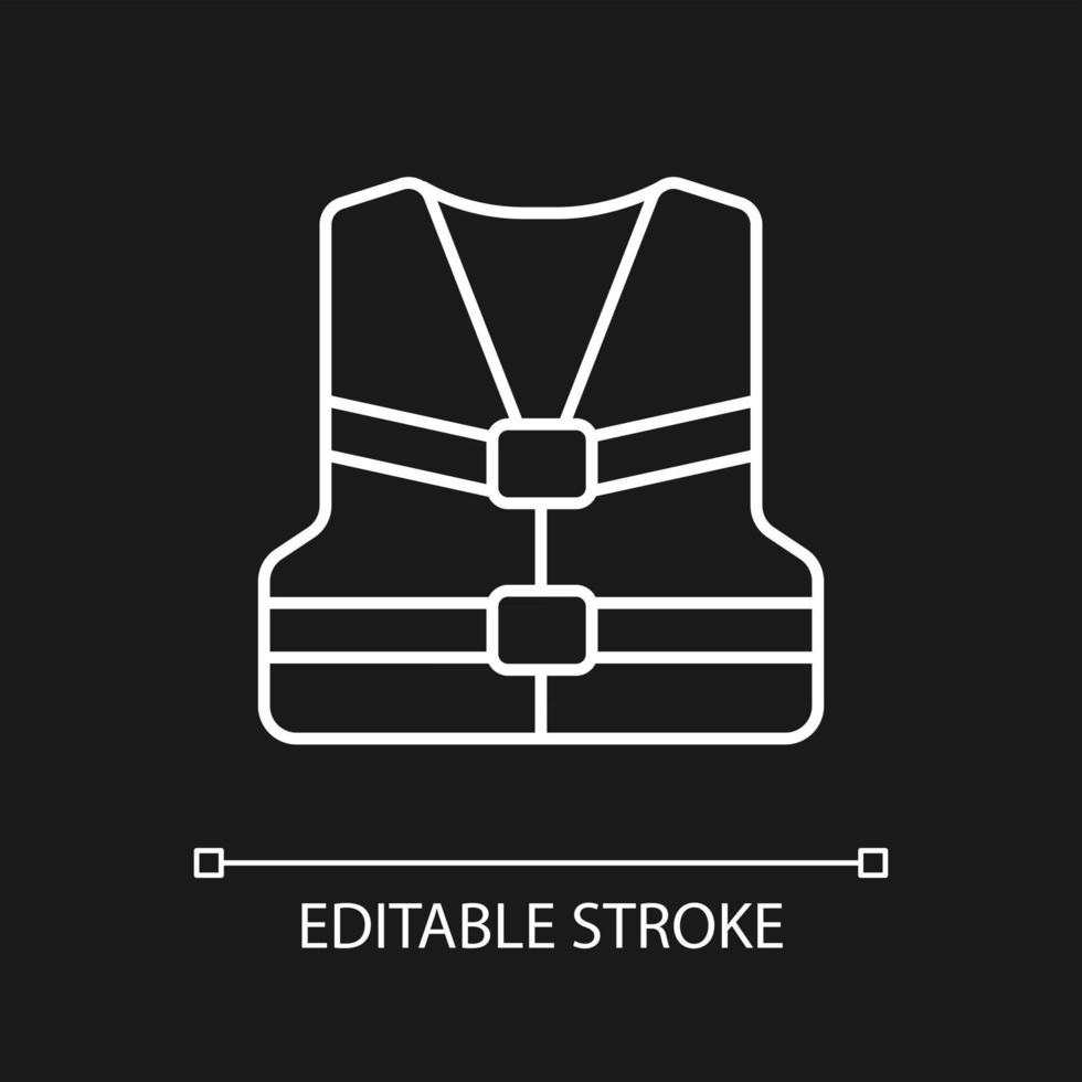 Life jacket white linear icon for dark theme. Flotation device. Swim vest for water sports. Thin line customizable illustration. Isolated vector contour symbol for night mode. Editable stroke