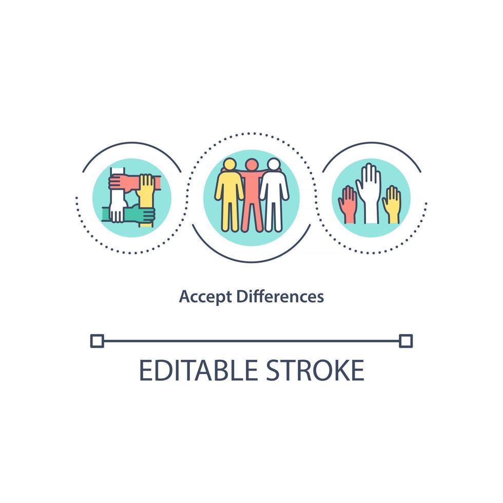 Accept differences concept icon. Supporting people with another skin color. Unique society abstract idea thin line illustration. Vector isolated outline color drawing. Editable stroke