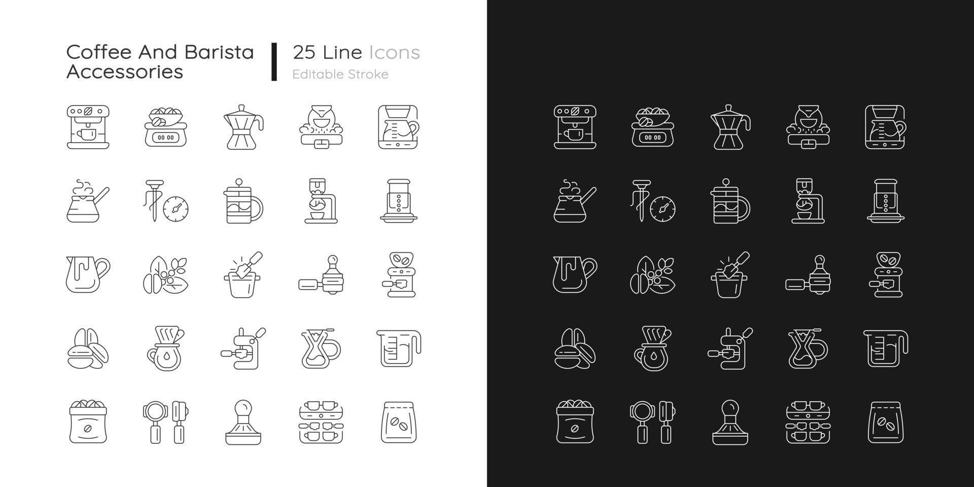 Coffee and barista accessories linear icons set for dark and light mode. Drip machine. French press. Customizable thin line symbols. Isolated vector outline illustrations. Editable stroke