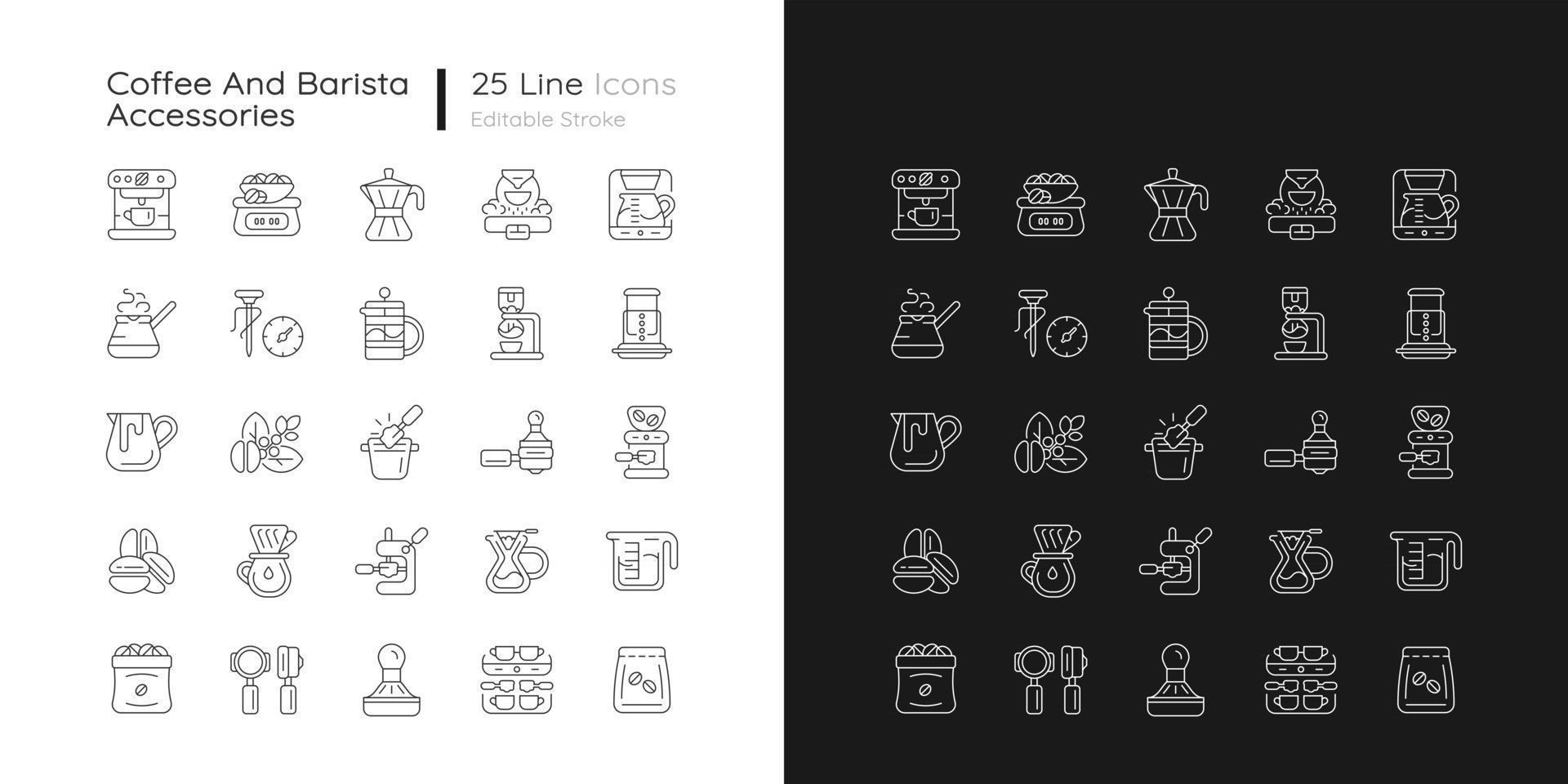 Iconos lineales de accesorios de café y barista establecidos para el modo  oscuro y claro. máquina