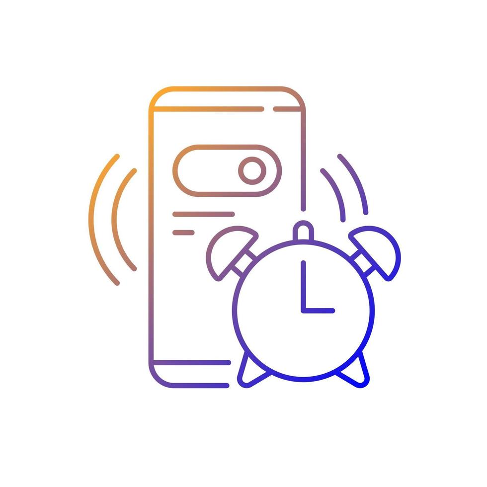 Icono de vector lineal degradado de reloj despertador. teléfono móvil para la cuenta regresiva de la mañana. configurar el anillo del teléfono inteligente para la mañana. símbolos de color de línea fina. pictograma de estilo moderno. dibujo de contorno aislado vectorial